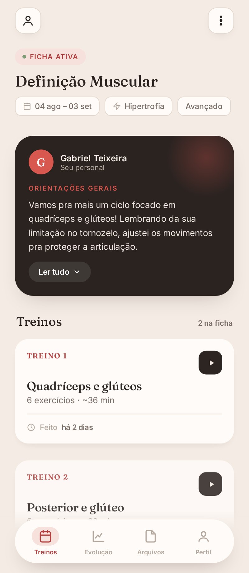 Ficha ativa no app GTX